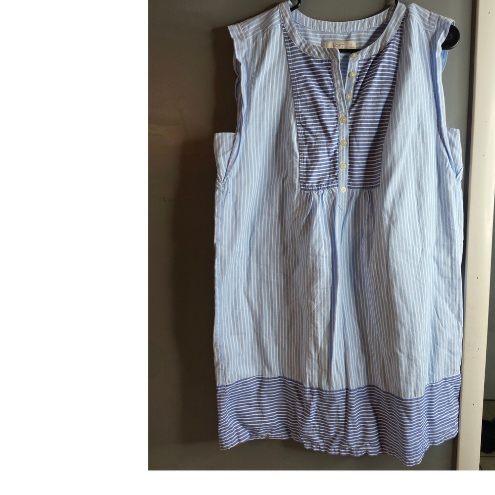 LOFT Petites Blue White Striped Sleeveless Tunic Button Front Top LP